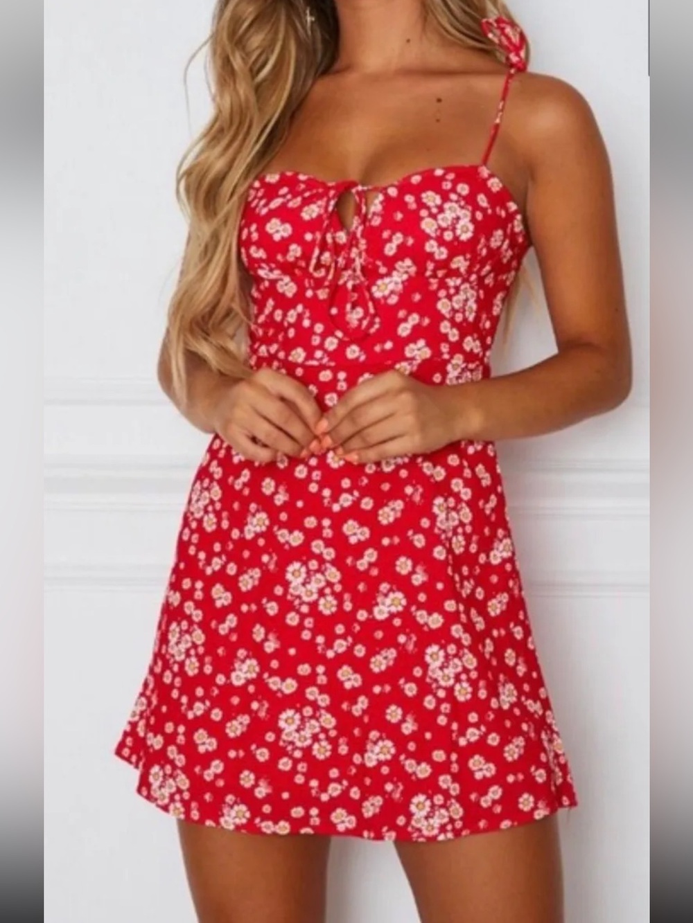 White Fox Boutique Red Floral Mini Dress with Spaghetti Straps